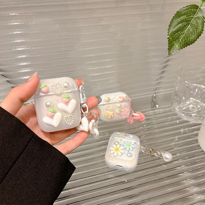 Love Strawberry Pearl Apple Bluetooth Headset Cover For Airpods 4 Glitter Pendant Airpods Pro Women