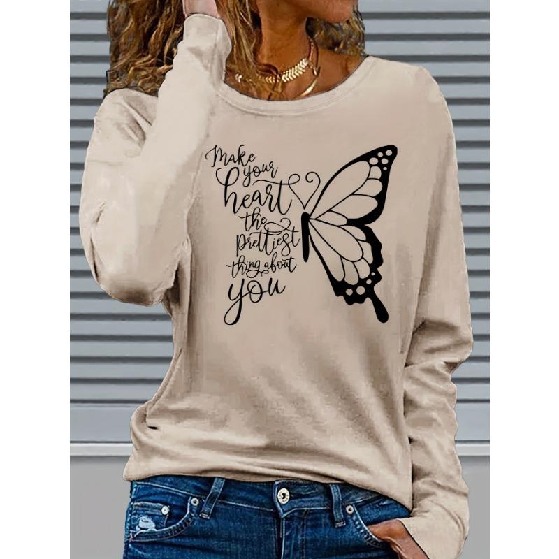 Graphic Print T-shirt, Long Sleeve Crew Neck Casual Top for Spring & Fall, Women's Clothing
