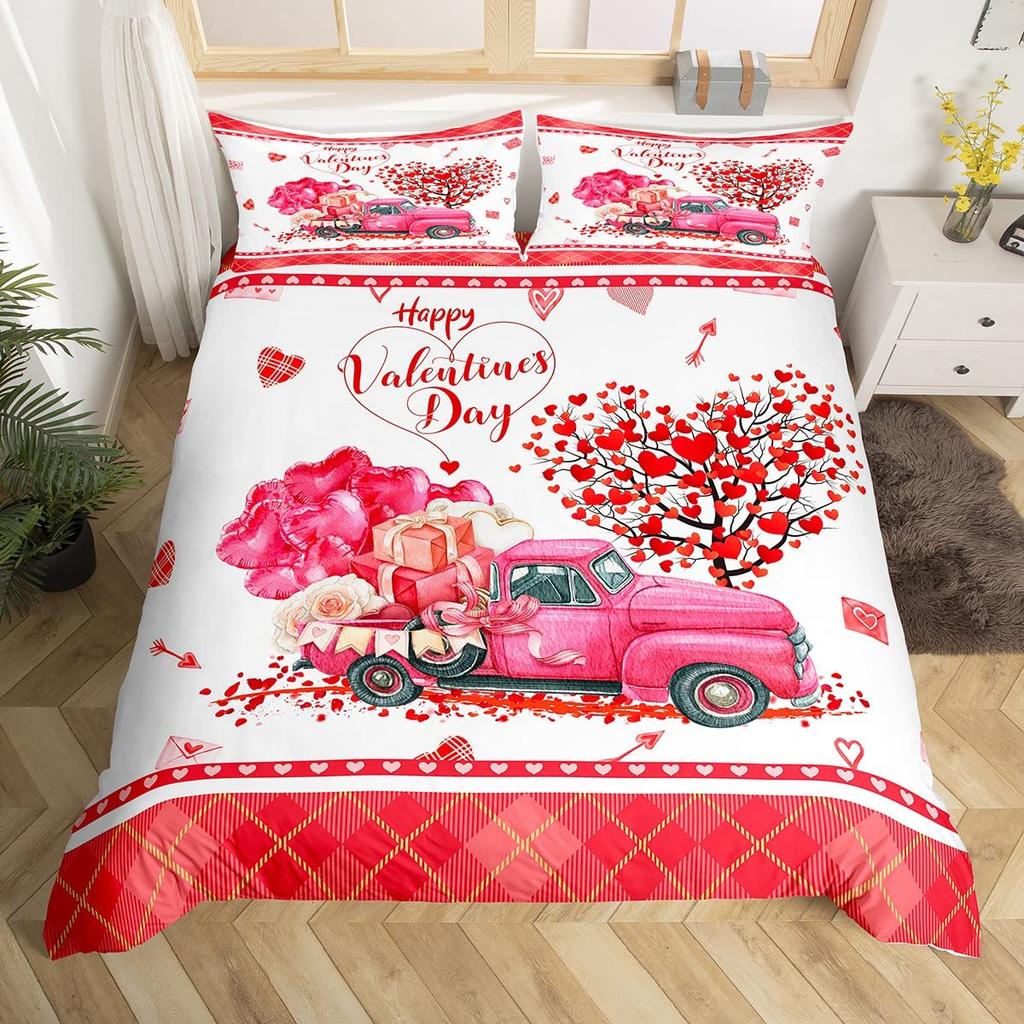 Valentines Day King Duvet Cover Romantic Bedding Set Kawaii Couple Gnome Comforter Cover Pink Rose Hearts Polyester Quilt Cover