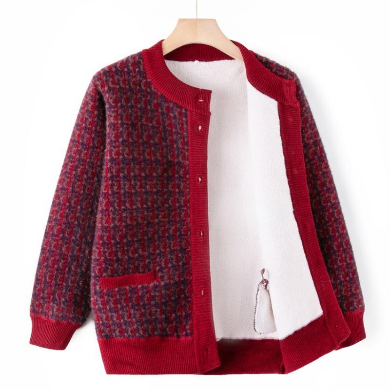 Middle-aged and Old Autumn and Winter Clothes Fleece Thickened Cardigan Sweater Female Mother Warm Knitted Sweater Jacket Elderly Grandma Clothes