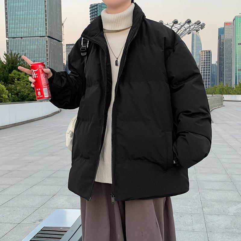 

Padded clothes men s solid color warm bread clothes trendy brand loose large size short stand-up collar cotton clothes jacket winter clothes S