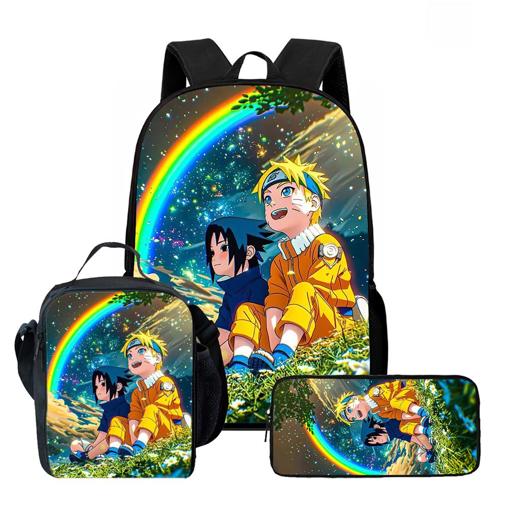 3Pcs Set NARUTO Anime School Rucksack With Front Pocket & Sling Carry Tote & Pencil Bag,Durable&Lightweight,for Boys&Girls Age 6-10