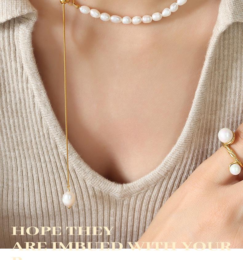 Retro Design Necklace: Titanium Steel with French Freshwater Pearl & Adjustable Tassel Pendant, Non-fading.