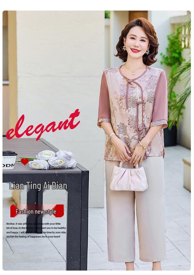 Mom's Stylish 2026 Chinese-Style Short-Sleeve Two-Piece Set for 50+ Women