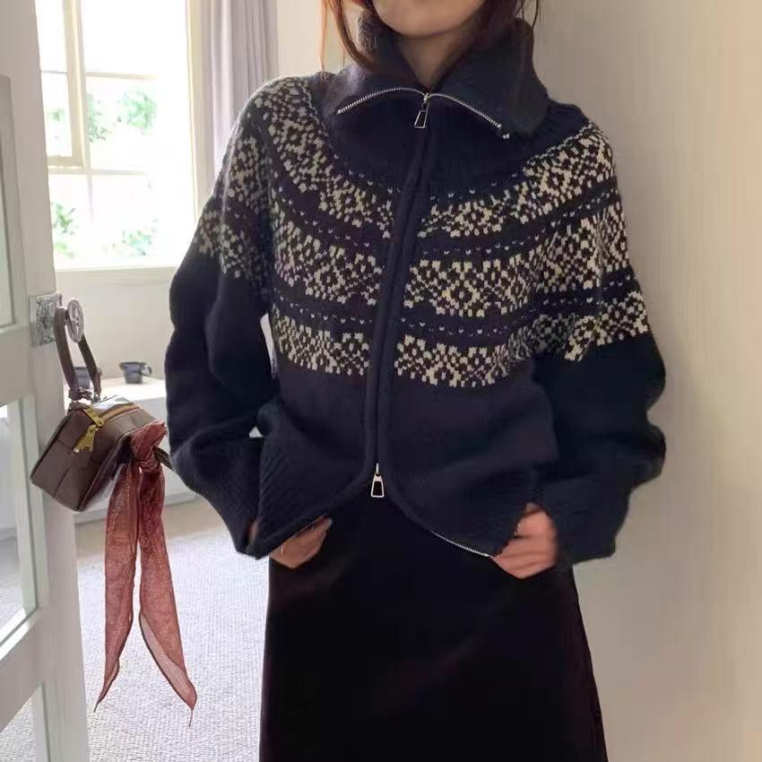 Faroe Islands Jacquard Wool Zipper Coat - Women's Autumn Winter Retro Lapel Short Knit Cardigan Sweater