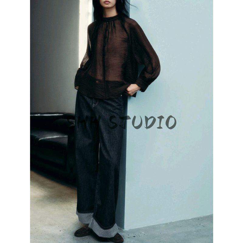 Autumn New Women's Clothing French Design Stand Collar Loose Long-Sleeved Bubble Sleeve Translucent Shirt 5029192
