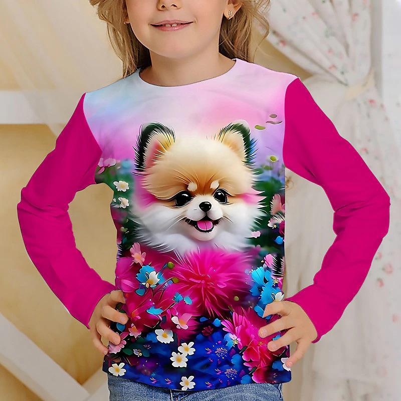 Spring and Autumn Round Neck 3D Cartoon Animal Cat Dog Printed Top Fashionable Casual Long Sleeved Children's Girl T-shirts