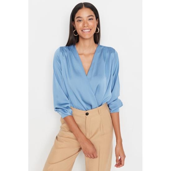 Bluze&Cămăşi Dublu Decolteu Umăr Plisat Elegantă Bluză din Satin