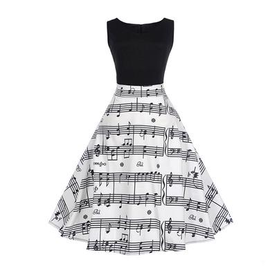 Feminine Sense Fashion Elegant Party Dress Women Vintage Musical Notes Printed Sleeveless Dress