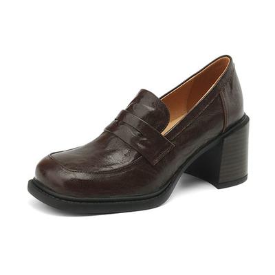 Schaffell Square Toe Chunky Heels Herbst Sommer Schuhe Slip on Frauen British School Pumps