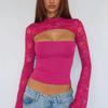 Women's Lace Long Sleeve Going Out Tops Sexy Y2K Crew Neck Cutout Double Lined Slim Night Out Shirts