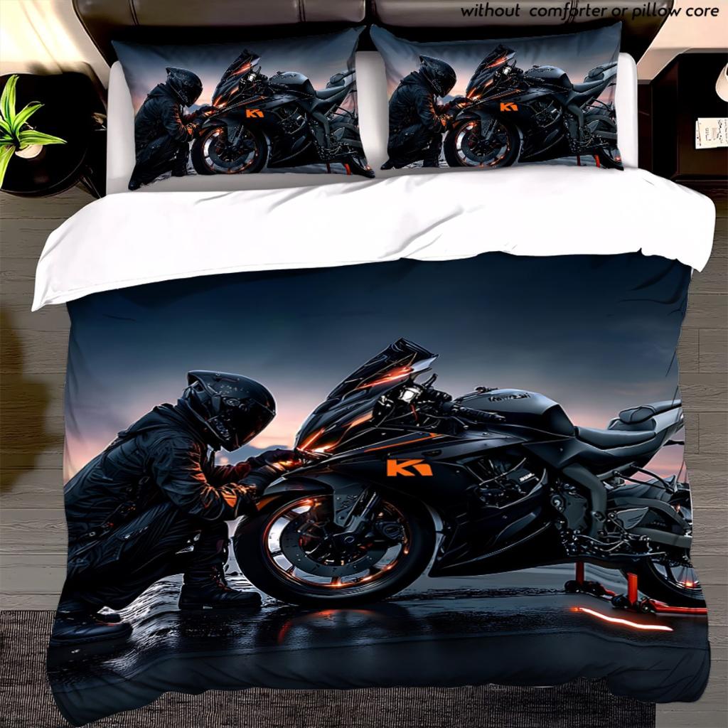2/3Pcs Wild Style Black Orange Motorcycle Pattern Duvet Cover Set, Multicolor HD Print Coreless Bedding with Pillowcases, Soft C