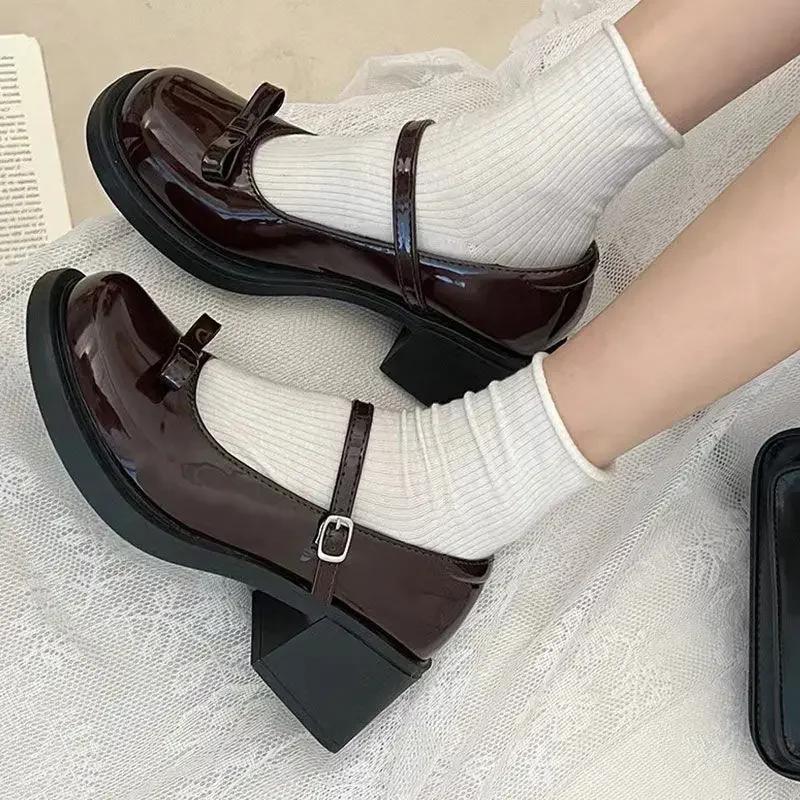 French Retro High Heels Leather Shoes for Women 2025 New Spring Bow Buckle Leather Shoes Round Toe Shallow Mouth Single Shoe