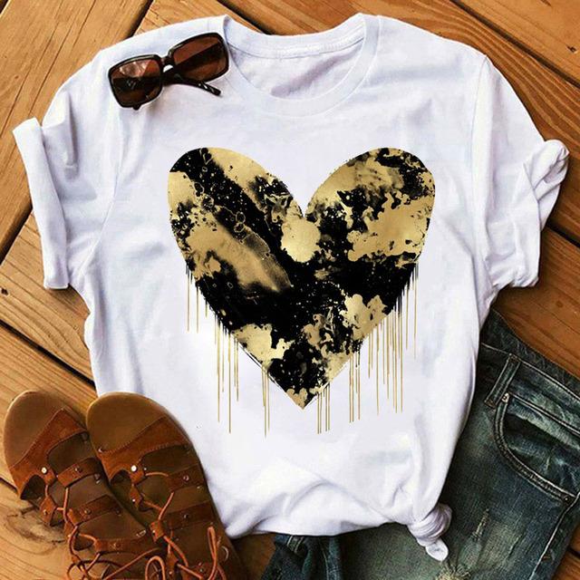 

Women T Shirt Big Hearted Black And Gold Printed Tops Tee Female Summer Casual Cute Graphic T-Shirt Women Short Sleeve T-Shirts S білий
