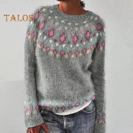 Pullover für Damen, Rundhalsausschnitt, Langarm, Patchwork, farbige Strickoberteile, lockere Passform, elastische, warme Strickwaren für den Alltag