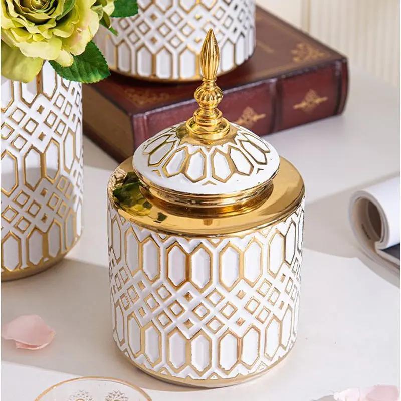 White gold-plated ceramic vase Living room general jar jewelry storage rack Creative floral decorations and ornaments Flower pot