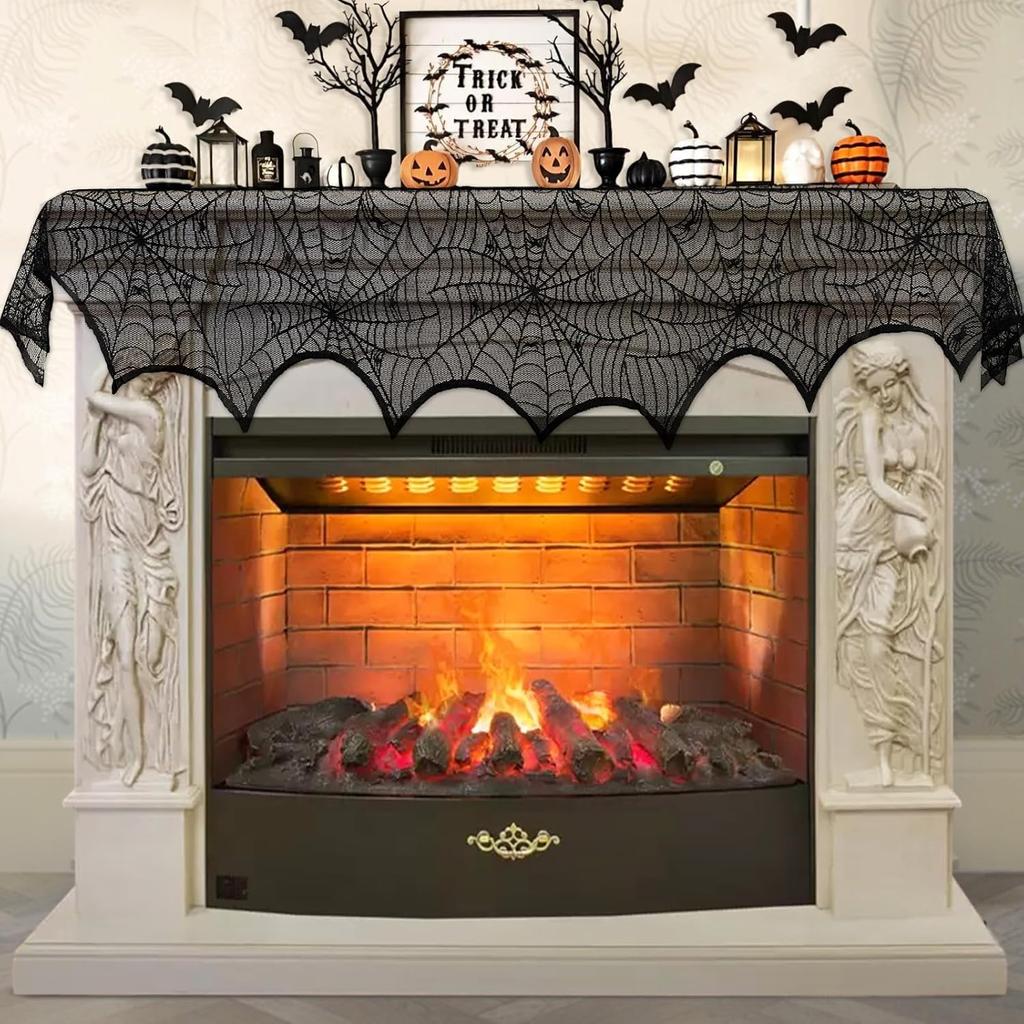 AerWo Halloween Decoration Black Lace Spiderweb Fireplace Mantle Scarf Cover Festive Party Supplies
