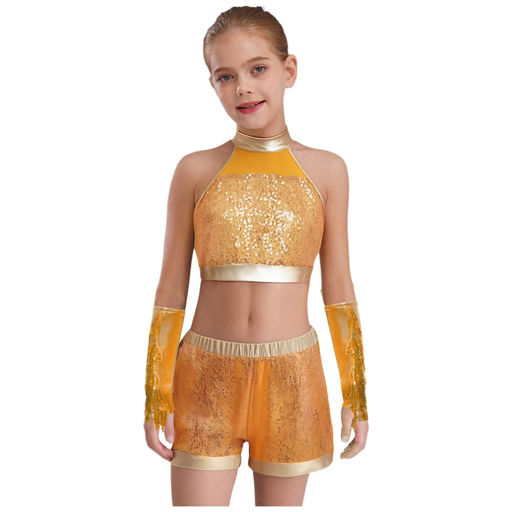 Mädchen Ärmelloses Glitzerndes Pailletten Tanz Crop Top Schlüsselloch Rücken Design Passende Shorts Quasten Metallic Handschuhe Set