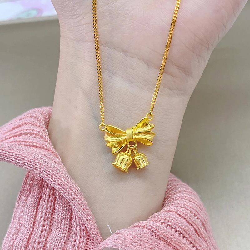 18K Gold Lily Flower Bow Necklace - Elegant Clavicle Chain for Women