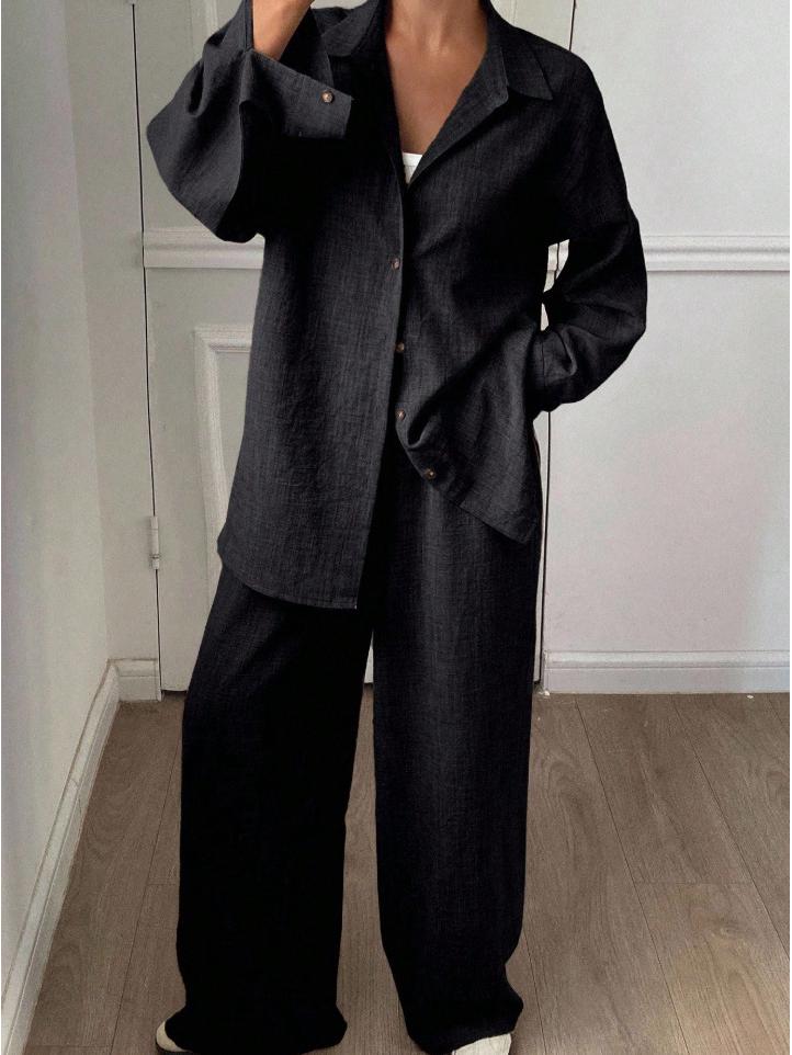 "2026 European & American Casual Cotton-Linen Two-Piece Set: Loose Long-Sleeved Shirt & Pants”