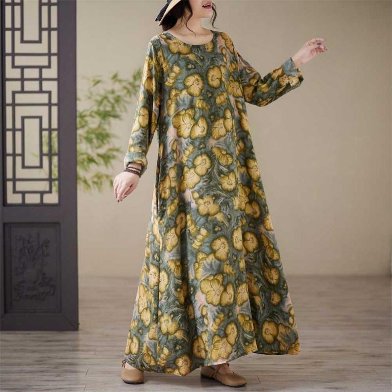 Loose Printed Round Neck Long Sleeve Dress Women's Long Dresses