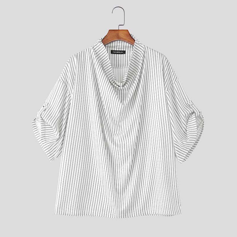 INCERUN Oversized Men Swing Collar Half Sleeve Striped Casual Loose Shirts