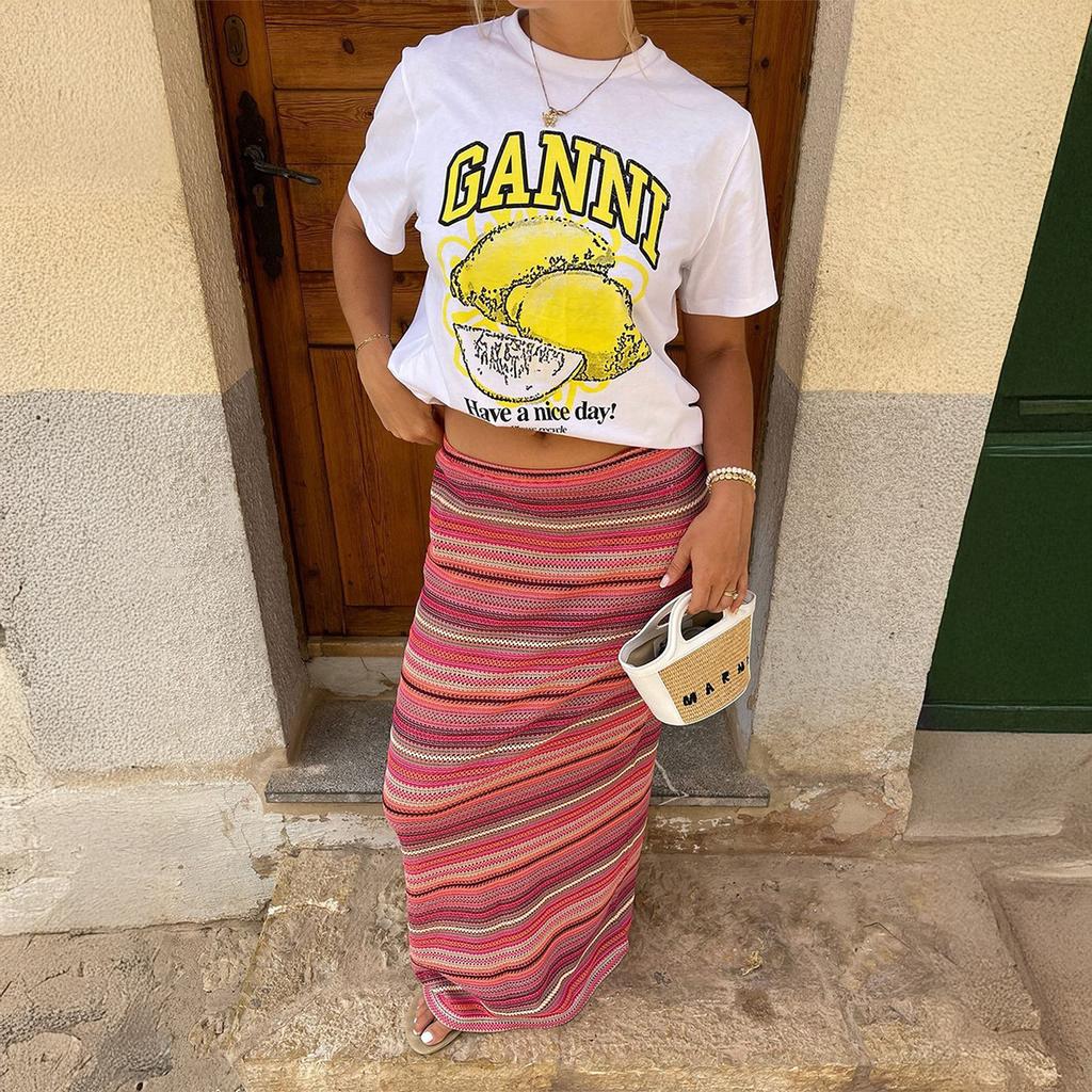 Gonna lunga dritta semplice a righe in maglia casual da donna per vacanze al mare
