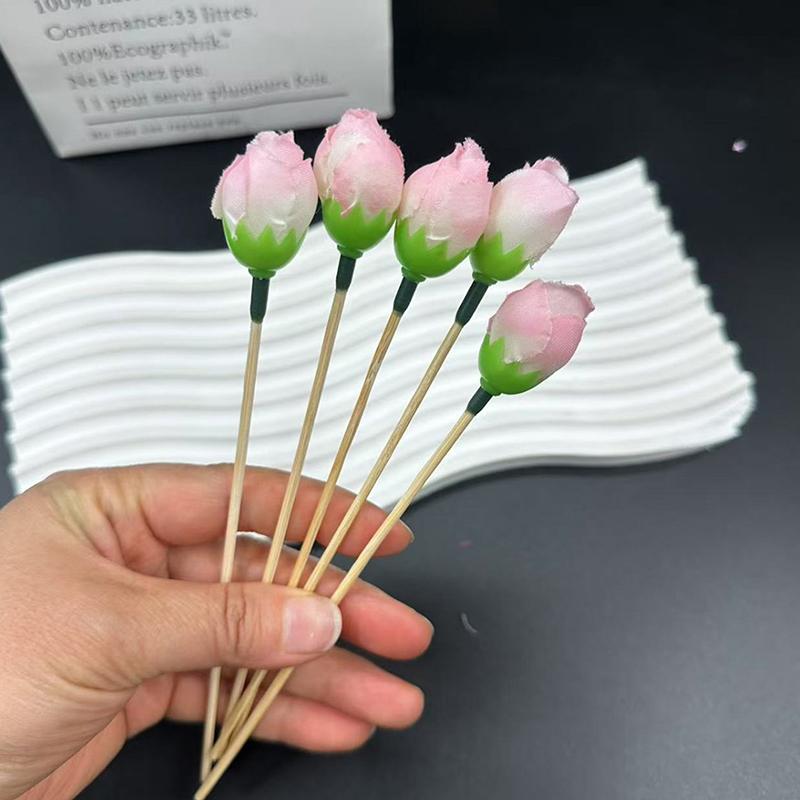 10Pcs Flower Bamboo Sticks Cake Topper Tulip Pod Cocktail Picks For Appetizers Fruit Sticks For Wedding Birthday Dessert Decor