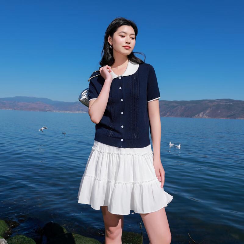 Plus Size Women's Short Sleeve Cable Knit Cardigan with Peter Pan Collar