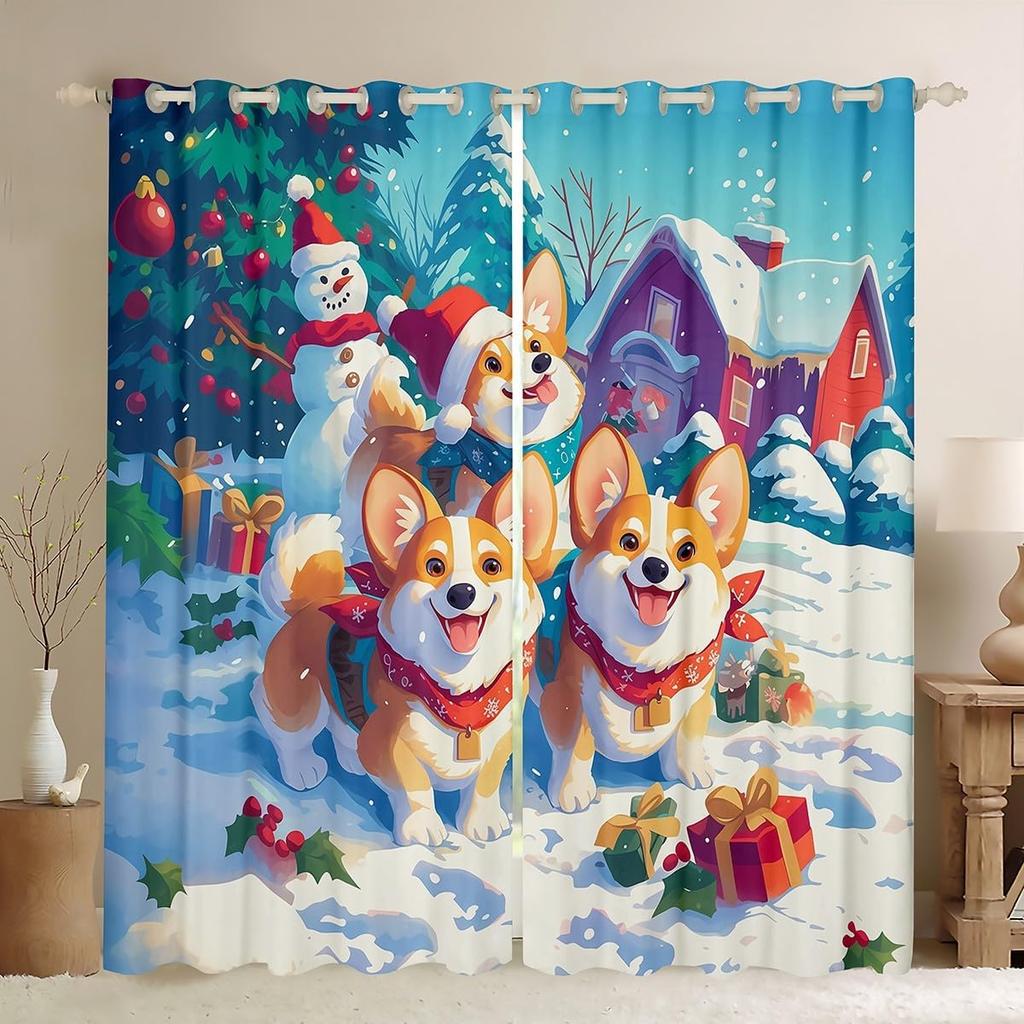 Christmas Curtains Xmas Decor Drapes Kids Boys Girls Adults Cute Cartoon Pet Puppy Dogs Window Curtain With Blackout Polyester