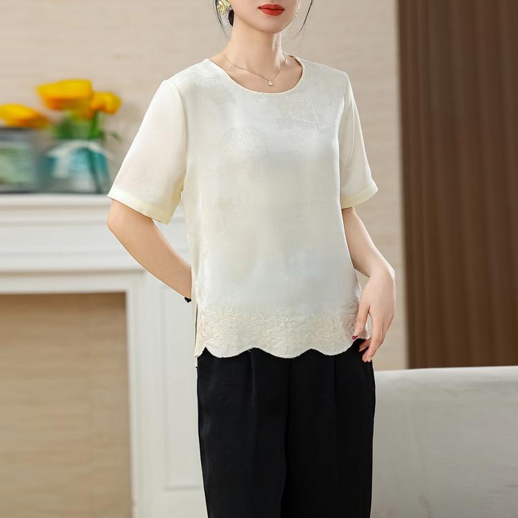 

2026 Summer Silk-Feel Embroidered Chiffon Lace Short Sleeve Shirt XL