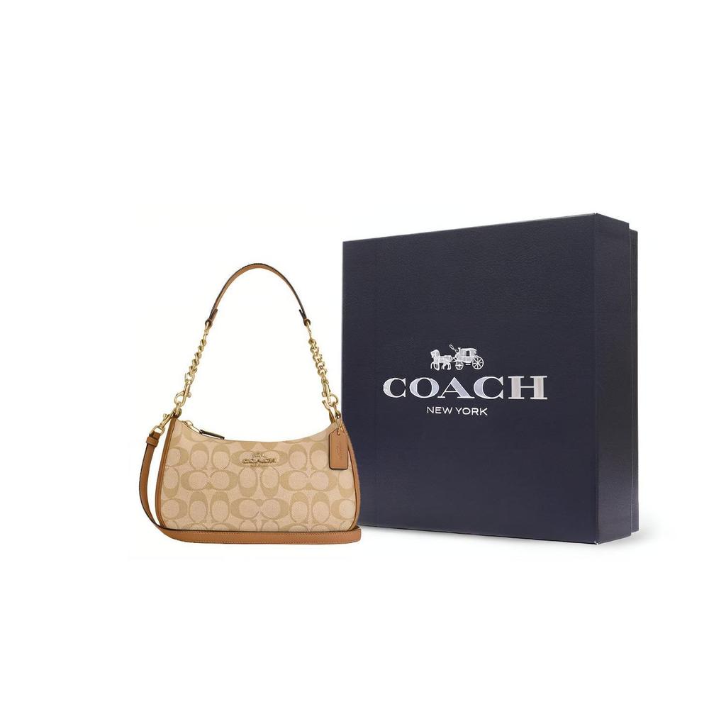 Coach Signature Canvas Leather Trim Convertible Crescent Shoulder Bag for Daily Use