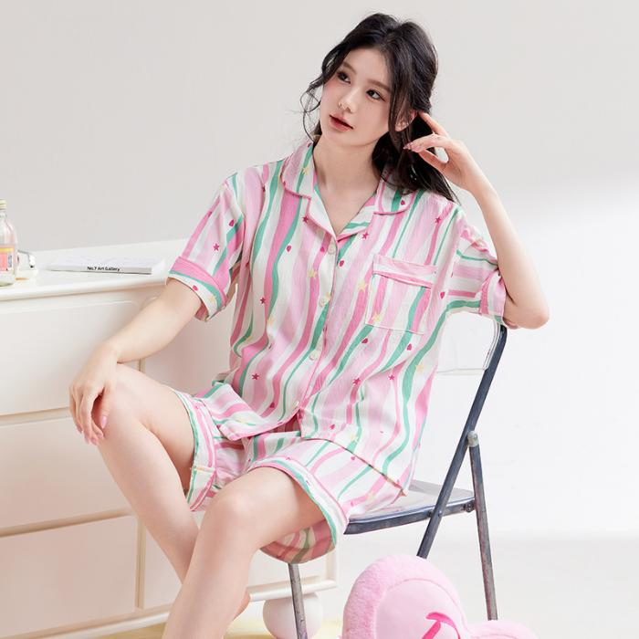 

Женский комплект из 2 предметов с нагрудником 2025 года, летняя пижама с коротким рукавом для женщин, тонкий хлопковый модный комплект для сна с радужным принтом, атласный кардиган, пижамный комплект XL
