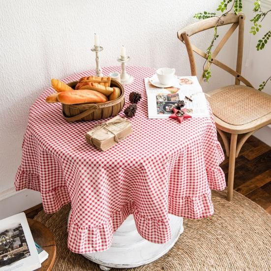 Tablecloth Farmhouse Style Plaid Pattern Ruffled Edge Tablecloth Round Shape Soft Cotton Linen Fabric Cloth Table Cover