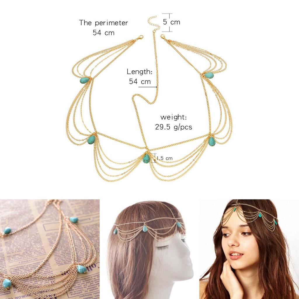 Fashionable Simulated Turquoise Decor Multi Layer Chain Design Women Headwear For Festivals
