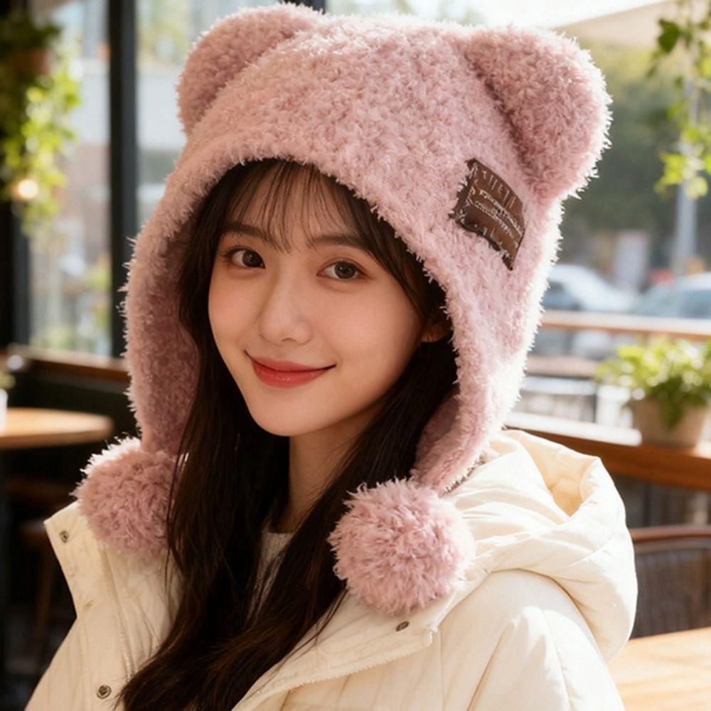 Bear Ears Little Bear Ears Hat Fluffy Winter Plush Hat Leisure Balaclava Hat  Female/Girls