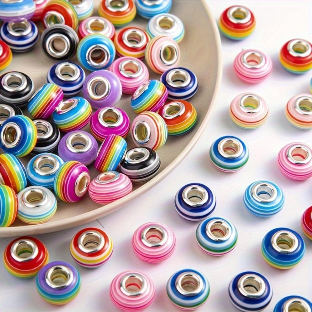 10/20/30/50pcs Resin Rainbow Stripe European Bead Large Hole Colored Resin Craft Bead Spacer Bead DIY Bracelet Snake Chain Jewelry Making