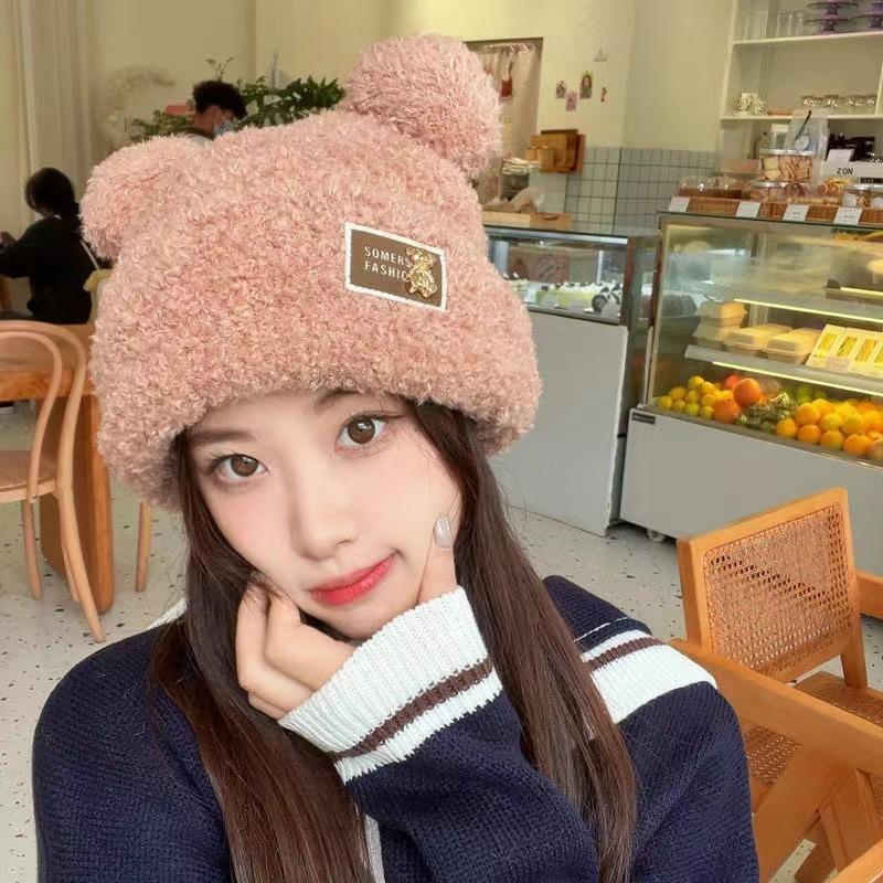 Winter cute cartoon bear ears wool hat female warm plush thickened ear protector student knitted hat