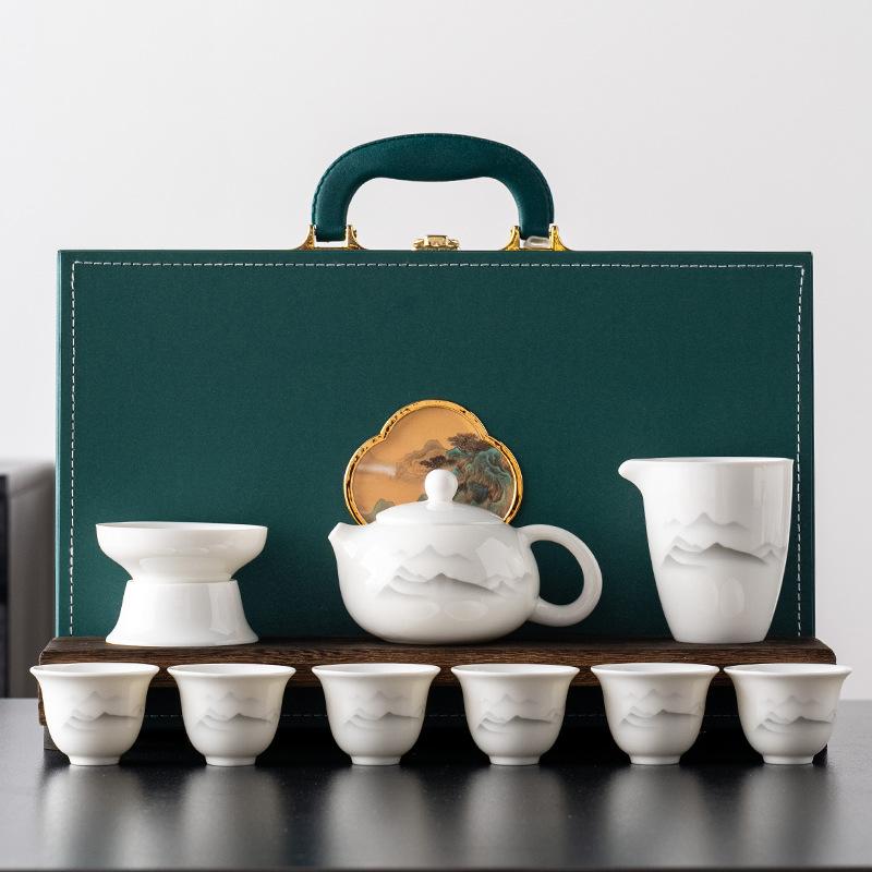Suet Jade Ink White Porcelain Xishi Pot Set Kung Fu Tea Set Home Office Cover Bowl Business Tea Set Gifts