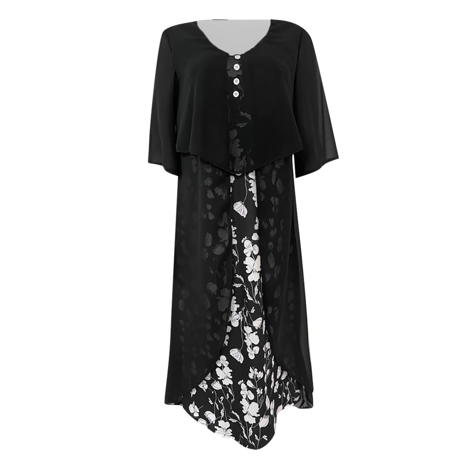 Women s Casual Printed Chiffon Patchwork Two Piece Round Neck Medium Sleeve Dress XXL чёрный