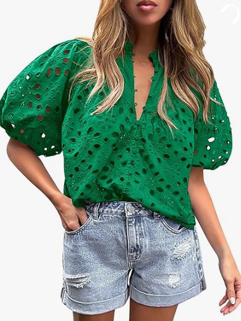 Top Estivo da Donna Moda Casual Manica a Lanterna Scollo a V Bottoni Ricamo Intrecciato in Pizzo Camicia