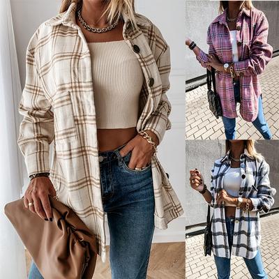 Camisa de solapa de manga larga a la moda para mujer, chaqueta de camisa de manga larga a cuadros Retro informal holgada de otoño e invierno