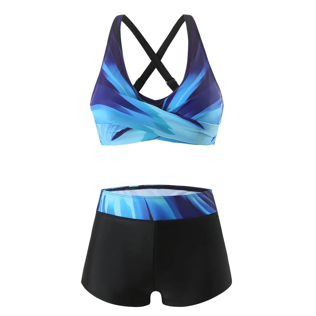 Sexy Hollow Out Back High Waist Bikini Swimsuit Women's Short Pants Quick Dry Two Piece Swimwear New 2025 Big Size