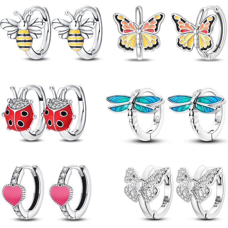 Pendientes de Plata de Ley 925 para Mujer con Diseño de Mariquita, Mariposa, Libélula y Flor de Iris Adecuados para Bodas y Fiestas Joyería Exquisita