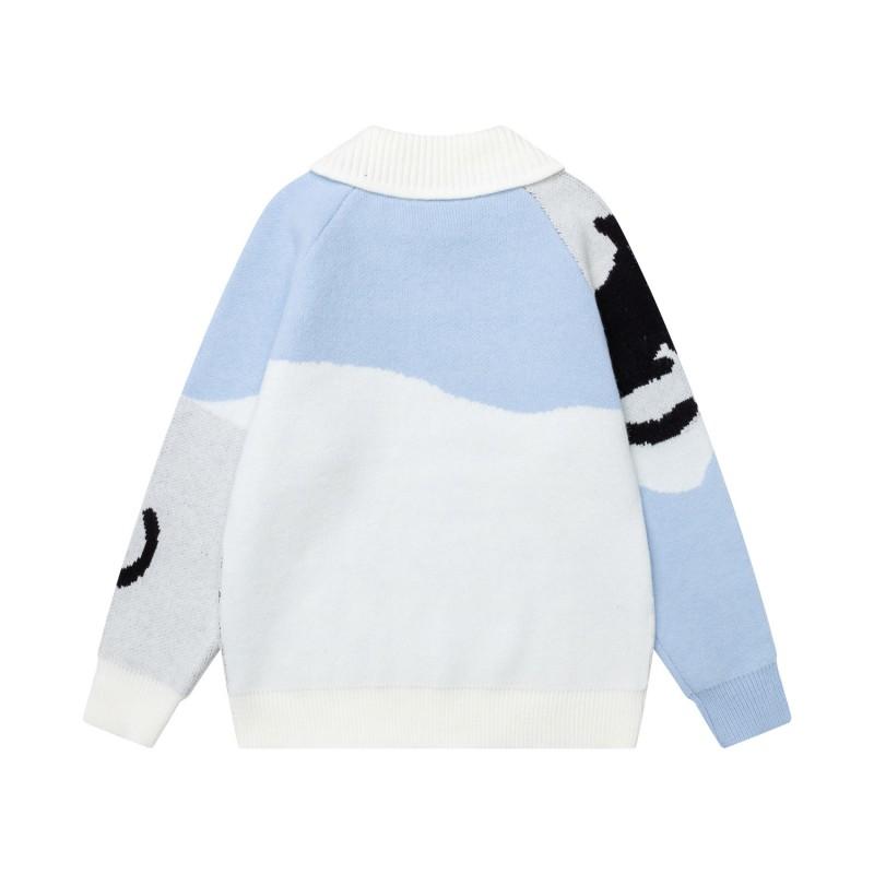 Unisex Oversize Luźny Sweter Akrylowy z Dzianiny z Kołnierzykiem Retro Styl Amerykański Colorblock Nadruk Kota Jesień Ubranie Codzienne