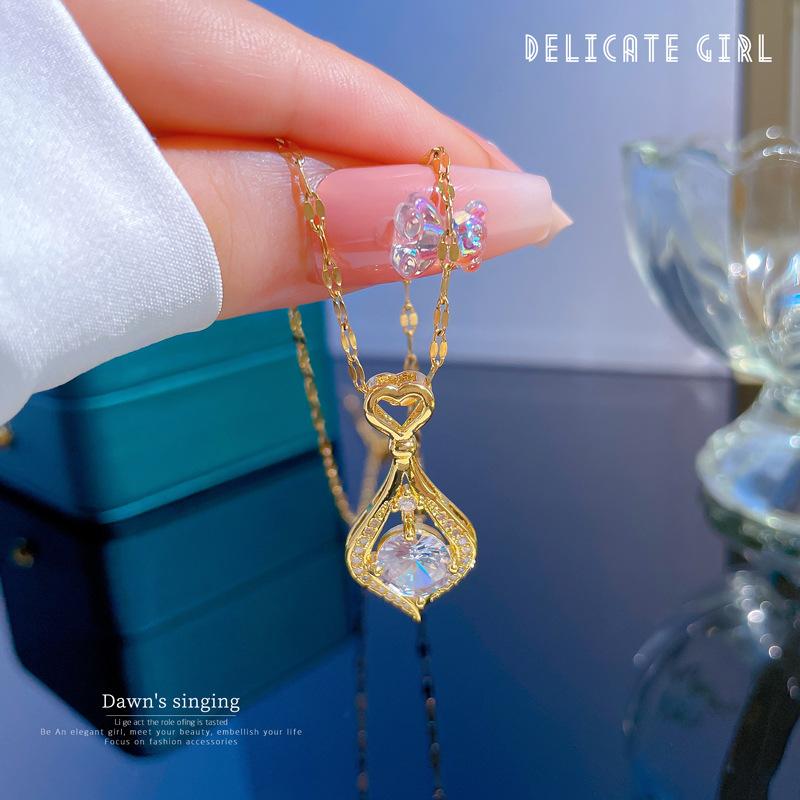 Titanium Steel Light Luxury Love Water Drop Micro Inlaid Real Gold Necklace Women'S Transfer Collarbone Chain With Jewelry