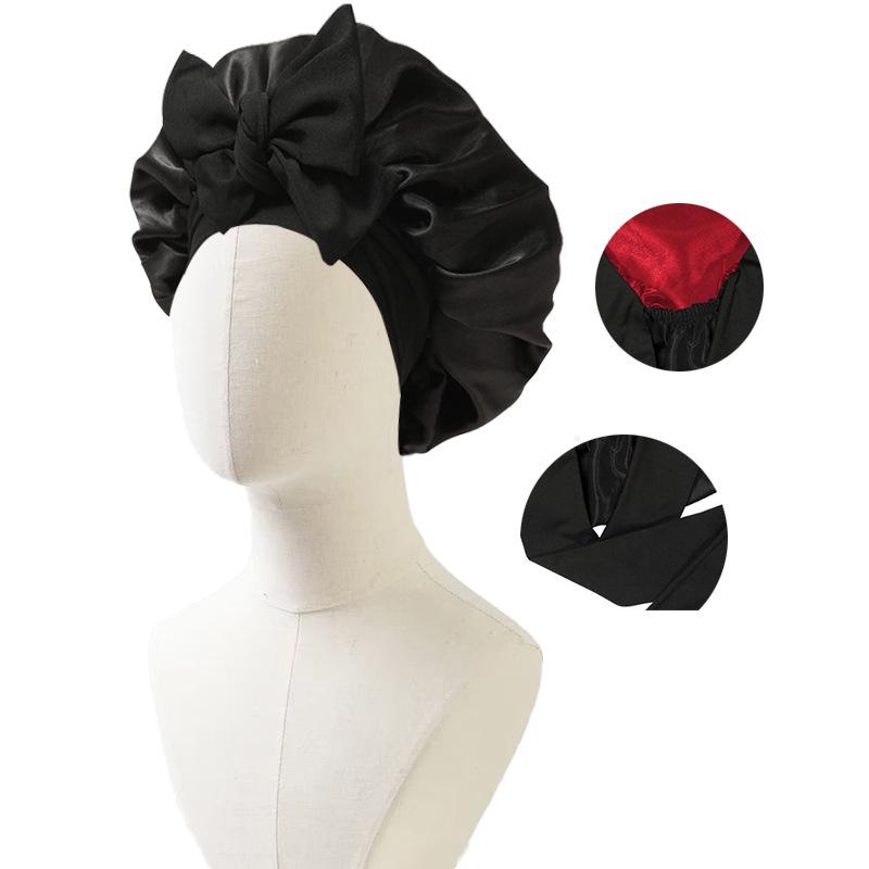 Satin Nightcap with Ribbon Bowknot, Double-Sided Silk Hair Cap, Leopard Print