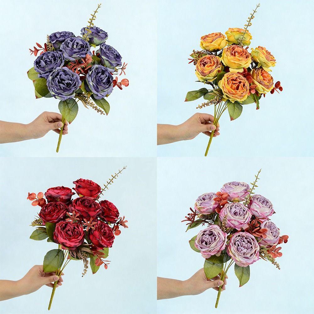 7 Heads Simulation Flower Rose Silk Petals Faux Flower Holding Bouquet Flower  Wedding Ornament