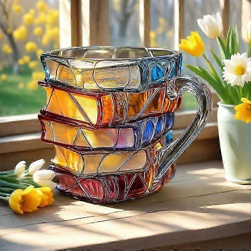 Painted Book Mug, 2025 New 3D Painted Glass Book Mug for Hot Or Cold Drinks, Novelty Books Stack Shaped Coffee Mug Gifts for Book Lovers Friends