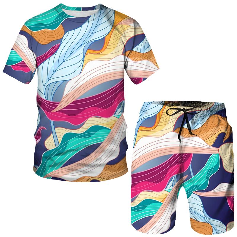Summer Colorful Leaves 3D Print T-Shirts Shorts Sets Men's Tracksuits Oversized Short Sleeve T Shirt Pants Set Suits Clothing